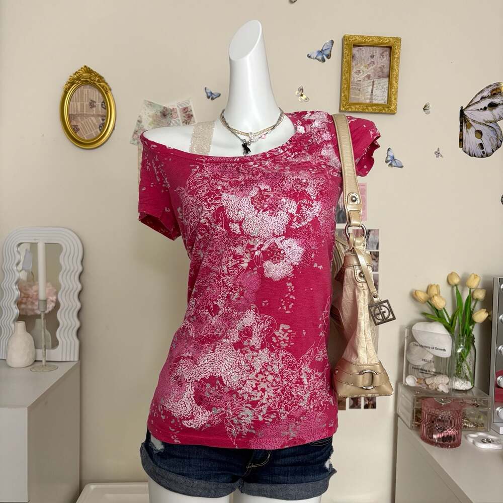 Calvin Klein Pink Floral Print Tee Y2K Grunge Fairycore Whimsigoth Scoop Neck Ae